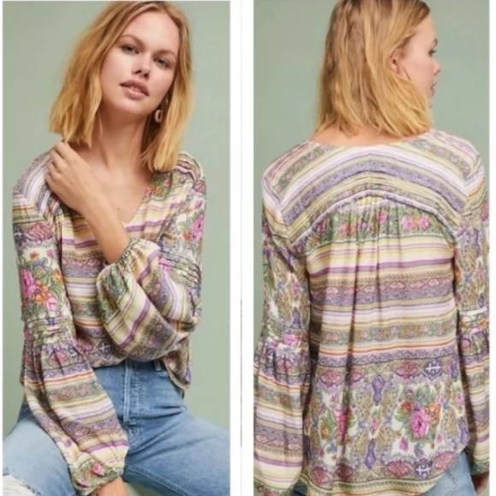 Maeve Anthropologie Floral Striped Blouse Small‎ Long Sleeve Boho Relax Career